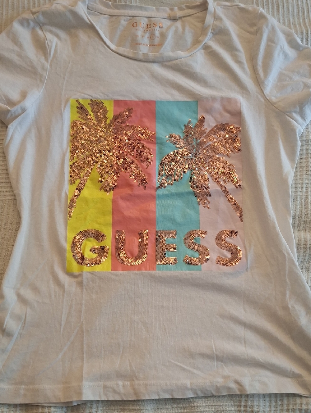 GUESS White Tee with Rose Gold Sequin Palm & Pastel Panels